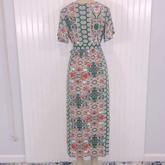 Boho Maxi Dress Faux Wrap Side Slits V Neck Short Flutter Sleeves Like New Small - Picture 10 of 17